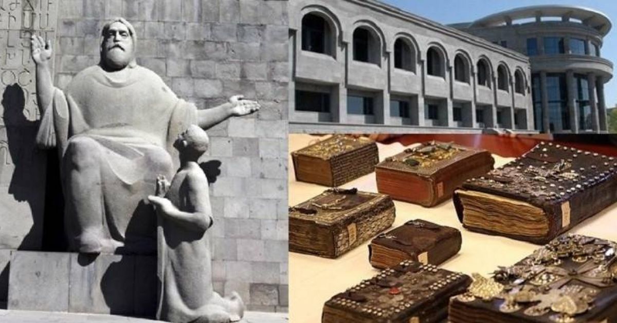 نمای موزه ماتناداران ایروان با پیکره مسروپ ماشتوتس و ساختمان سنگی گنجینه نسخههای خطی ارمنستان همراه با کالسکه